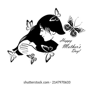 Abstract mother with a child . Mother s Day card. Woman hugging her baby. Happy motherhood concept. Modern vector illustration