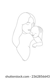 Abstract mother and child Minimalistic silhouette woman holding baby white background  Young mom hugging her baby  Happy motherhood concept  Abstract portrait drawing and lines  quick sketch