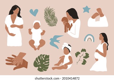 Abstract mother kid icon set. Flat pregnant woman baby elements, contemporary printable bundle. Vector cartoon art