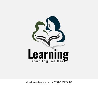 abstract mother learning child reading book together family love logo template illustration inspiration