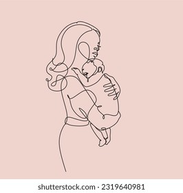 Abstract motherhood continuous line art. Young mom hugging her baby. Hand drawn illustration for Happy International Mother's Day card, loving family, parenthood childhood concept
