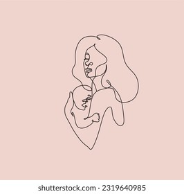 Abstract motherhood continuous line art. Young mom hugging her baby. Hand drawn illustration for Happy International Mother's Day card, loving family, parenthood childhood concept