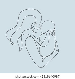 Abstract motherhood continuous line art. Young mom hugging her baby. Hand drawn illustration for Happy International Mother's Day card, loving family, parenthood childhood concept