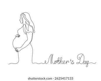 Abstract Mother's Day card, pregnant woman, continuous single one line art drawing sketch, logo