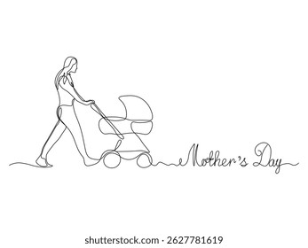 Abstract Mother's Day card, woman with stroller , continuous single one line art drawing sketch, logo