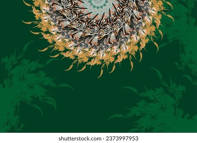Abstraktes Motiv mit floralen Elementen auf dunkelgrünem Hintergrund für Inneneinrichtung oder Stoffe. Ein heller dekorativer Halbkreis als blühender Kaktus für Geschäftskonzepte, Drucke und Plakate, Textilien usw.