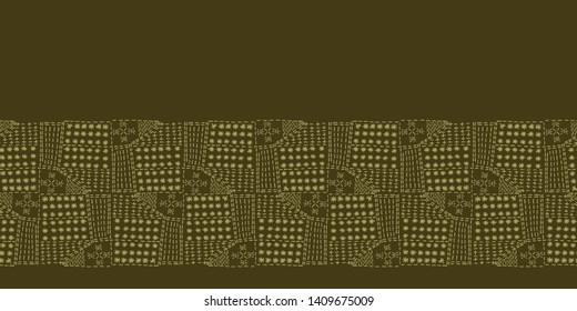 Abstract motif running stitch border. Victorian needlework grid seamless vector pattern. Hand drawn stitched textile ribbon trim. Old green handicraft banner decor. Embroidery quilted edging template.