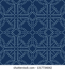 Abstract Motif Sashiko Style Japanese Needlework Seamless Vector Pattern. Hand Stitch Indigo Blue Line Texture for Textile Print, Classic Japan Decor, Asian Backdrop or Simple Kimono Quilting Template