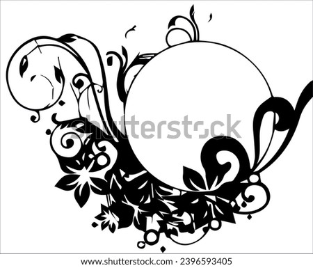 An abstract motif twists around a circle. Black fill, indigo stroke. Floral motif on a white background
