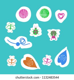 Abstract  motifs, butterflies, lady bugs, dashed lines, tags pattern . Hand drawn.
