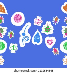 Abstract  motifs, butterflies, lady bugs, beetles,  dotted lines, labels seamless  pattern . Hand drawn.