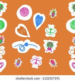 Abstract  motifs, butterflies, lady bugs, beetles,  dotted lines, labels seamless  pattern . Hand drawn.