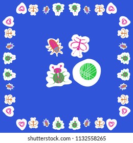 Abstract  motifs, butterflies, lady bugs, beetles,  dotted lines, labels pattern . Hand drawn.