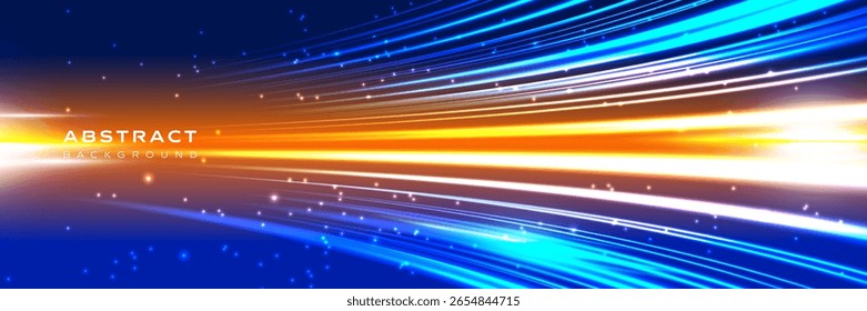 Abstract motion background with glowing blue and orange light streaks and particles on a dark gradient backdrop. Perfect for dynamic design, technology themes, or modern digital projects
