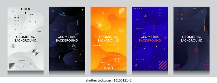 Abstract motion concept backgrounds set. Fluid and liquid template. Memphis pattern. Color shapes. Design elements for banners, posters, invitations, gift cards, stories, covers, flyers, vouchers. 