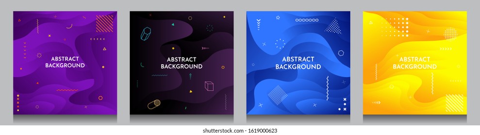 Abstract motion concept backgrounds set. Vector illustration. Fluid and liquid design. Memphis pattern. Shape and line. Design elements for banner, poster, invitation, card, social media.