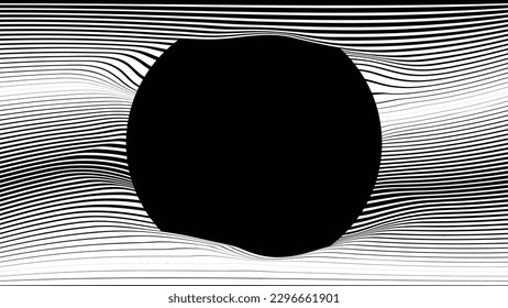 Abstrakter grafischer Hintergrund für abstrakte Grafiken. Schwarzer Kreis und horizontale Linien. Übergangsformen. Bewegungszusammensetzung . Vektorgrafik