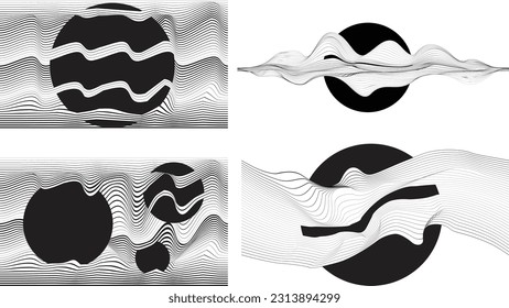 Abstract motion graphic design background . Black circle and horizontal lines . Transition shapes . Movement composition . Vector illustration