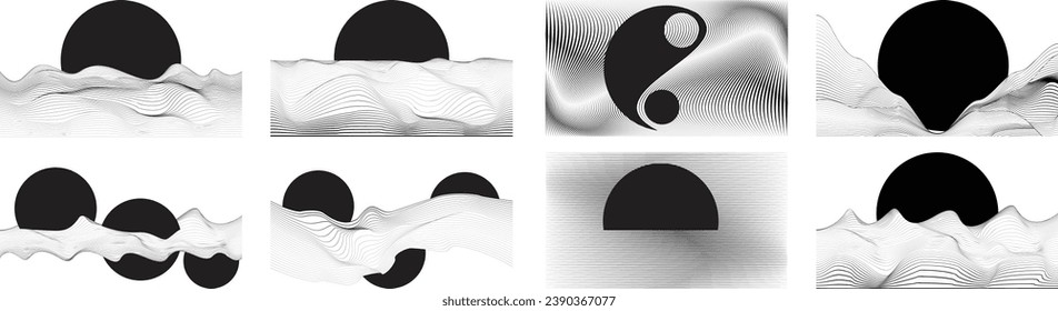  Abstract motion graphic design background . Black circle and horizontal lines . Transition shapes . Movement composition . Vector illustration