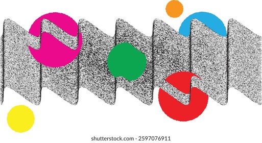Abstract motion graphic design background . Black circle and horizontal lines . Transition shapes . Wavy lines.  Movement composition . Roughen lines and circles combination. Vector illustration