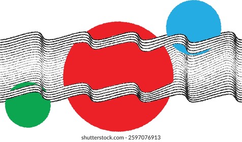 Abstract motion graphic design background . Black circle and horizontal lines . Transition shapes . Wavy lines.  Movement composition . Roughen lines and circles combination. Vector illustration