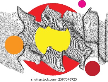 Abstract motion graphic design background . Black circle and horizontal lines . Transition shapes . Wavy lines.  Movement composition . Roughen lines and circles combination. Vector illustration