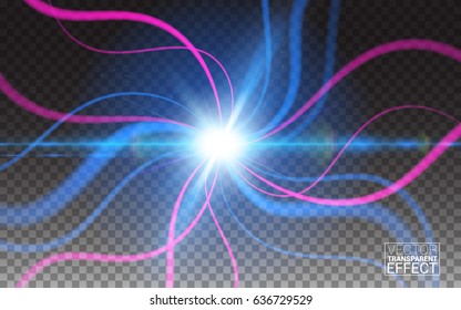 Abstract Motion Light Effect. Futuristic Wave Flash. Shining Space. Realistic Elements. Template Cover Flyers Print Web Banner. Vector Illustration Transparent Background.