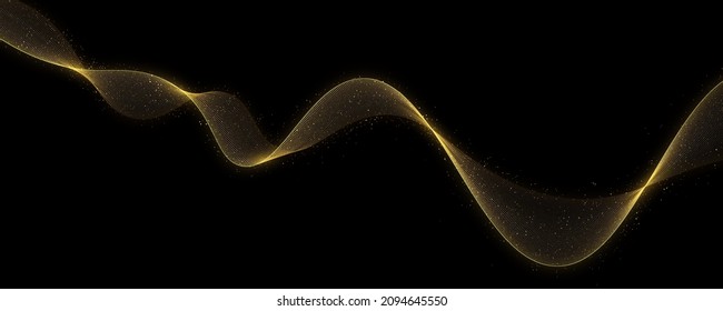 Abstract motion. Magic lines. Shiny color gold wave design element. Gold glitter abstract waves on a black background. Glittering old dust trail. 