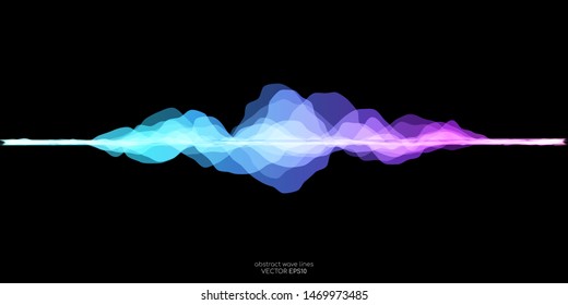 abstract motion sound wave equalizer colorful purple blue green isolated on black background. Vector illustration in concept of sound, voice, music