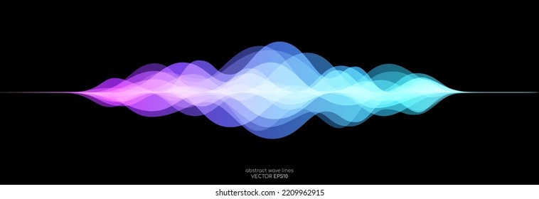 Abstract motion sound wave equalizer colorful gradient purple blue isolated on black background. Vector illustration in concept of sound, voice, music