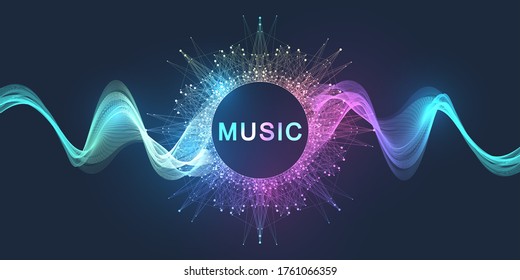 Abstract motion sound wave lines and dots dynamic vector background. Spiral pulse sound wave rhythm. Music wave poster design