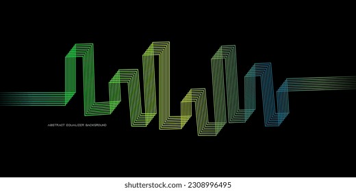 abstract motion sound waves equlizer colorful purple green blue isolated on black background. Vector illustration in the concept of sound, voice, music