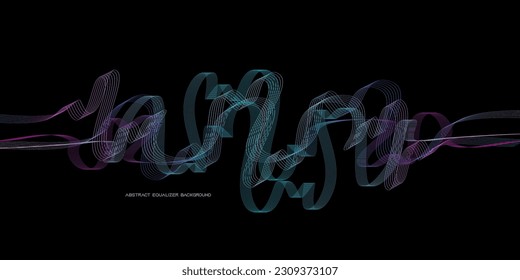 abstract motion sound waves equlizer colorful purple green blue isolated on black background. Vector illustration in the concept of sound, voice, music