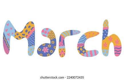 Un motivo abstracto de la palabra de MARCH. Adecuado para hacer una nota o una cita y publicar en medios sociales. Introducción del nombre de los meses a los niños.
