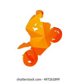 Abstract motorcycle rider. Orange polygonal vector silhouette. Wheelie