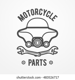 Abstract motorcycle shop or store logo made of windshield and crossed wrenches. Silhouette line style. Bike vector stock image.