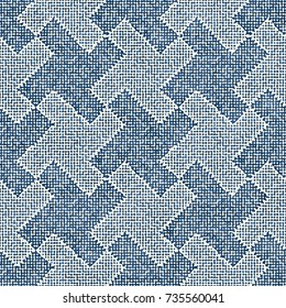 Abstract Mottled Houndstooth Check In Shades Of Washed Indigo And Off-White. Seamless Pattern.