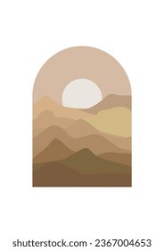 Abstract Mountain Aesthetic Backgrounds Landscapes. Desert abstract bohemian. Modern background flat design, contemporary boho sun moon mountains and cactus minimalist wall decor. Vector art print