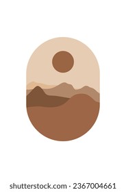 Abstract Mountain Aesthetic Backgrounds Landscapes. Desert abstract bohemian. Modern background flat design, contemporary boho sun moon mountains and cactus minimalist wall decor. Vector art print