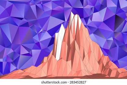 Abstract mountain against the blue sky composed of triangular polygons. Illustration in low-polygonal style