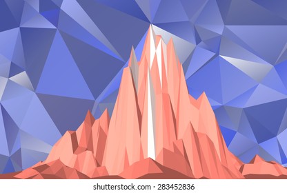 Abstract mountain against the blue sky composed of triangular polygons. Illustration in low-polygonal style