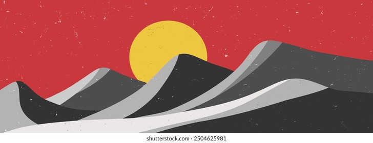 Abstract Mountain background. Mid century modern wall art. Mountain, Hills, sun. use for wallpaper, print art, poster, cover and banner