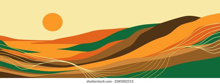 Abstract Mountain background. Mid century modern wall art. Illustration of Mountain, Hills, sun. use for print art, poster, cover, banner