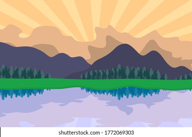 Abstract mountain background with sunset and river or lake at the foreground. Mountain landscape. vector illustration
