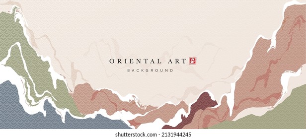 Abstrakter Hintergrund auf Bergen im traditionellen japanischen Stil. Orientalische Tapete mit Erdtonwasserfarbe und Wellenlinienkunstmuster. Asiatisches Design für Banner, Wandkunst, Dekoration, Poster und Druck.