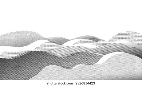 Abstract mountain background vector. Mountain landscape with line art pattern, dotted, pen, pencil lines, halftone. Grunge noise hills art wallpaper design for print, wall art, cover and interior.