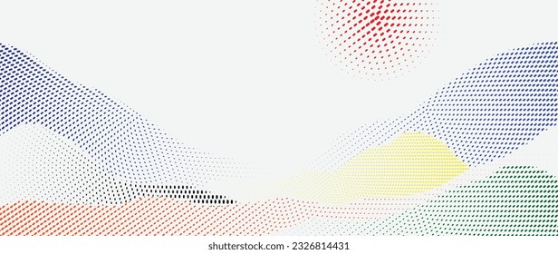 Abstract mountain background vector. Mountain landscape with fading dot effect, sun, halftone, dot grunge texture. Colorful hills art wallpaper design for print, wall art, cover and interior.