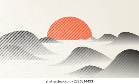 Abstract mountain background vector. Mountain landscape with line art pattern, dotted, pen, pencil lines, sun. Grunge noise hills art wallpaper design for print, wall art, cover and interior.