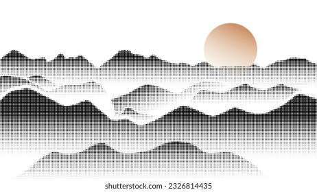 Abstract mountain background vector. Mountain landscape with fading dot effect, halftone, dot grunge texture, sun. Black and white hills art wallpaper design for print, wall art, cover and interior.