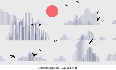 Abstract mountain background vector. Mountain landscape with line art pattern, sun, bird, halftone. Grunge noise hills art wallpaper design for print, wall art, cover and interior.